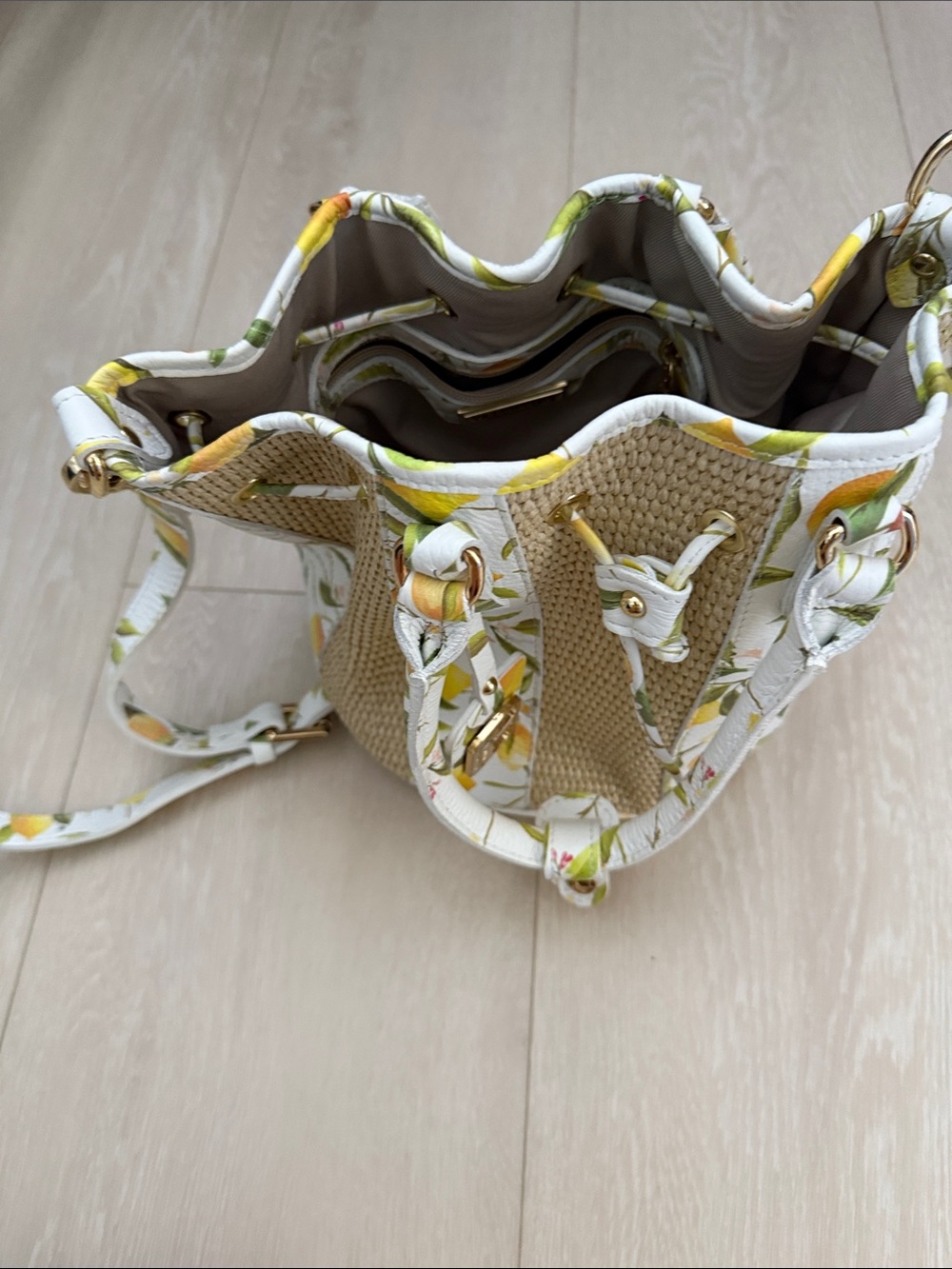 Valentina White Lemon-Print Bucket Shoulder Bag with Natural Straw Panels - Picture 14 of 16